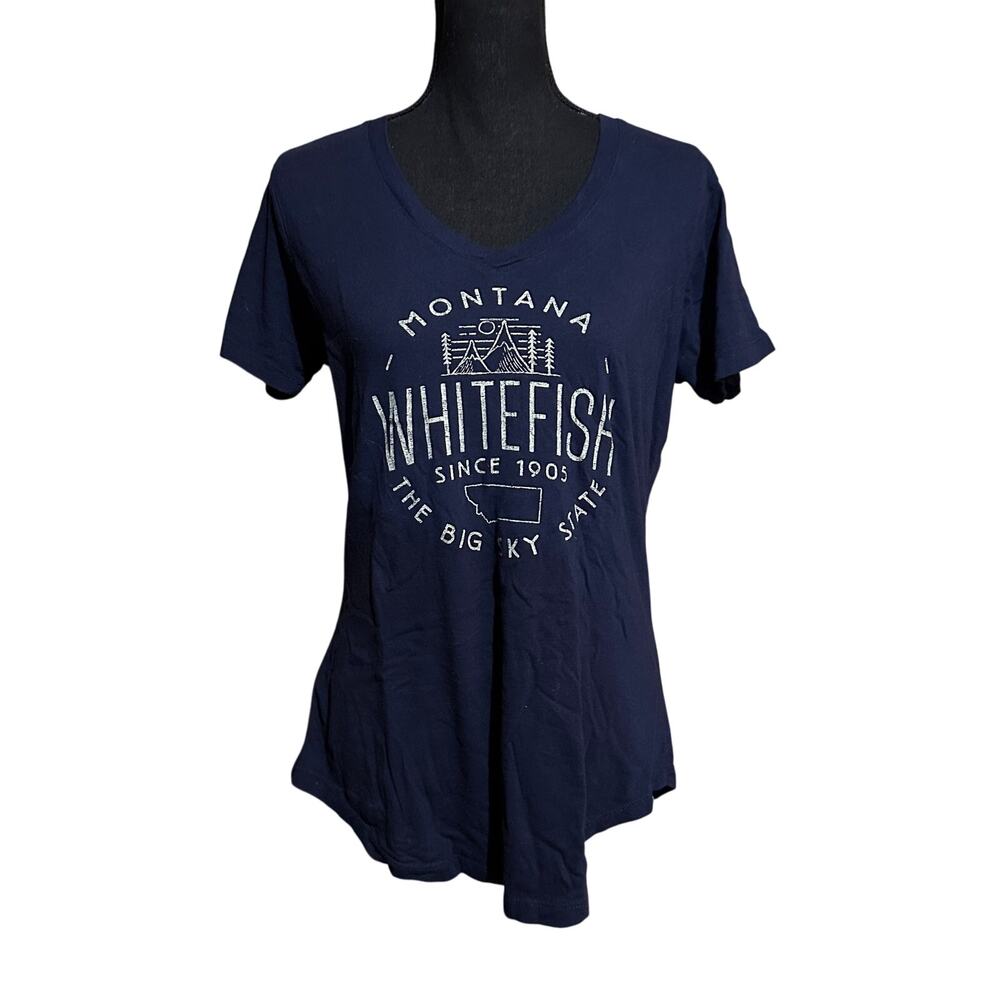 Techstyles Montana Whitefish Graphic T-Shirt Women Large Blue V-Neck Cotton